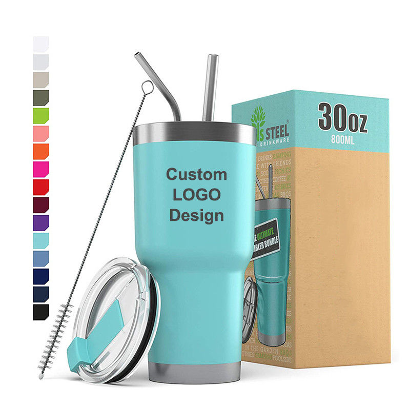 10*19.5CM Custom Logo Stainless Steel Double Wall Coffee Travel Mug with Straw and Lid
