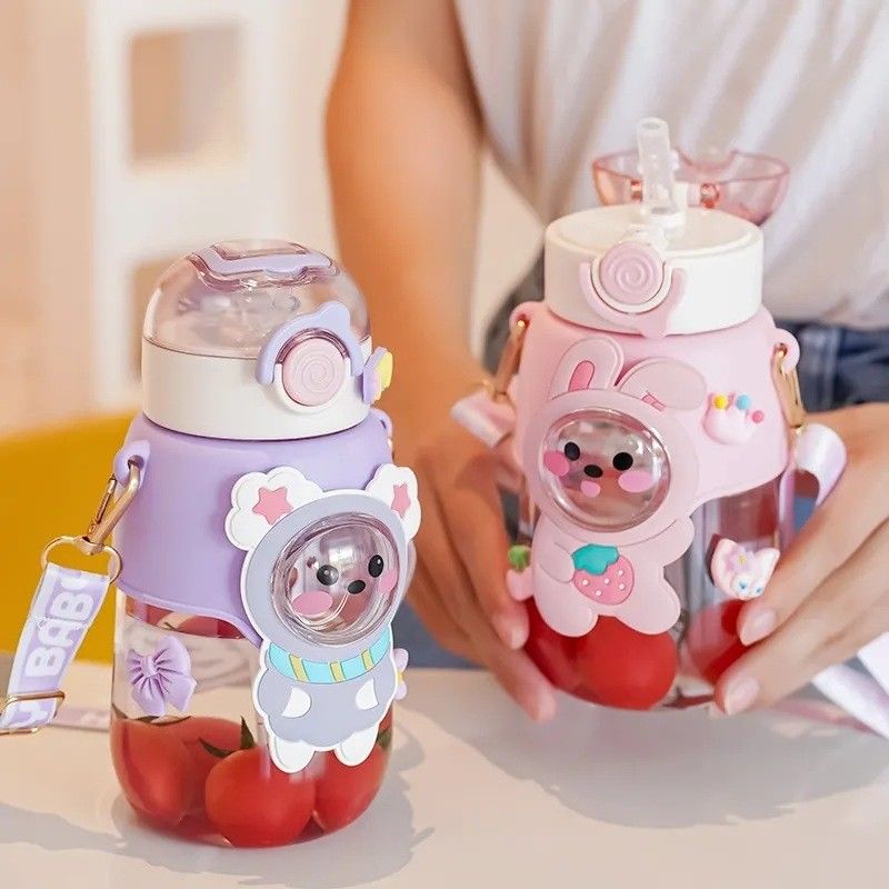 Kids Water Bottle Cartoon Cute Plastic Cup with Straw Type Portable Design