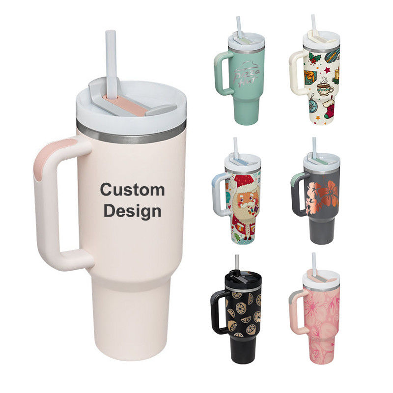 American Style Custom Pattern 40oz Tumbler with Lid Handle and Straw Stainless Steel Vacuum Insulated Cup