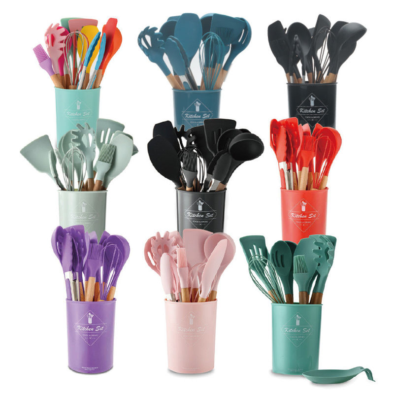 Outdoor Custom Logo Wooden Handle Espatulas Silicone Kitchen Utensil Spatula Set with Storage Bucket