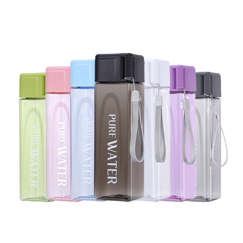 Back to School Essential Clear Frosted Square Portable Plastic Water Bottle with Rope