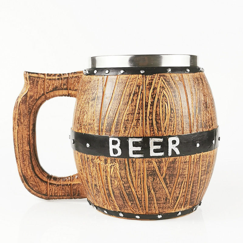 550ml Wooden Handle Stainless Steel Beer Coffee Mug with 304 Inner and ABS Outer