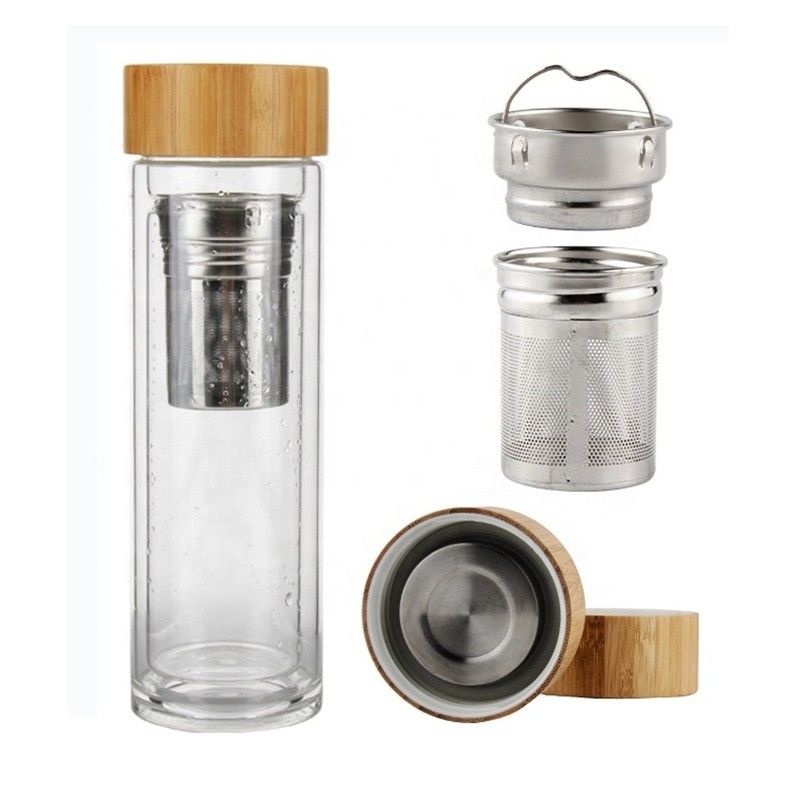 High Borosilicate 350ml Glass Water Bottle with Tea and Water Separation Cup Infuser Included